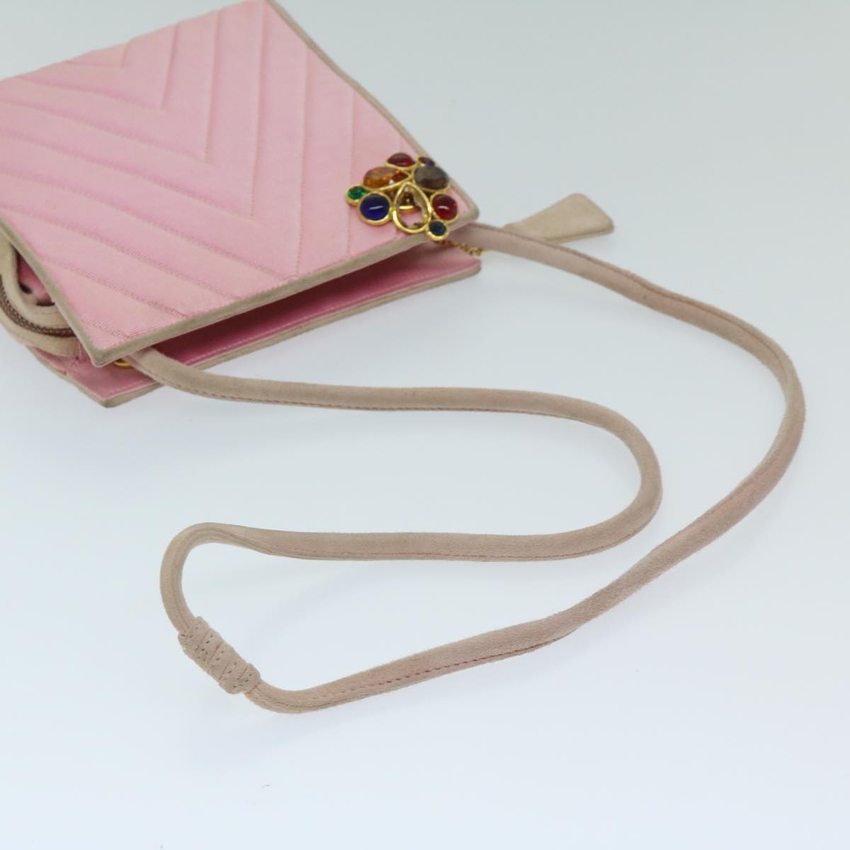 CHANEL V Stitch Stone Shoulder Bag Canvas Pink CC Auth bs12895