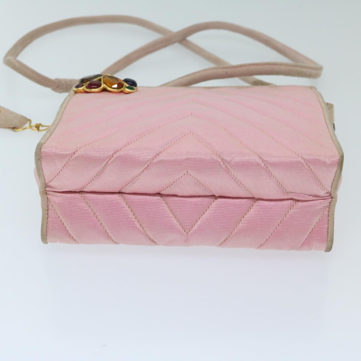 CHANEL V Stitch Stone Shoulder Bag Canvas Pink CC Auth bs12895