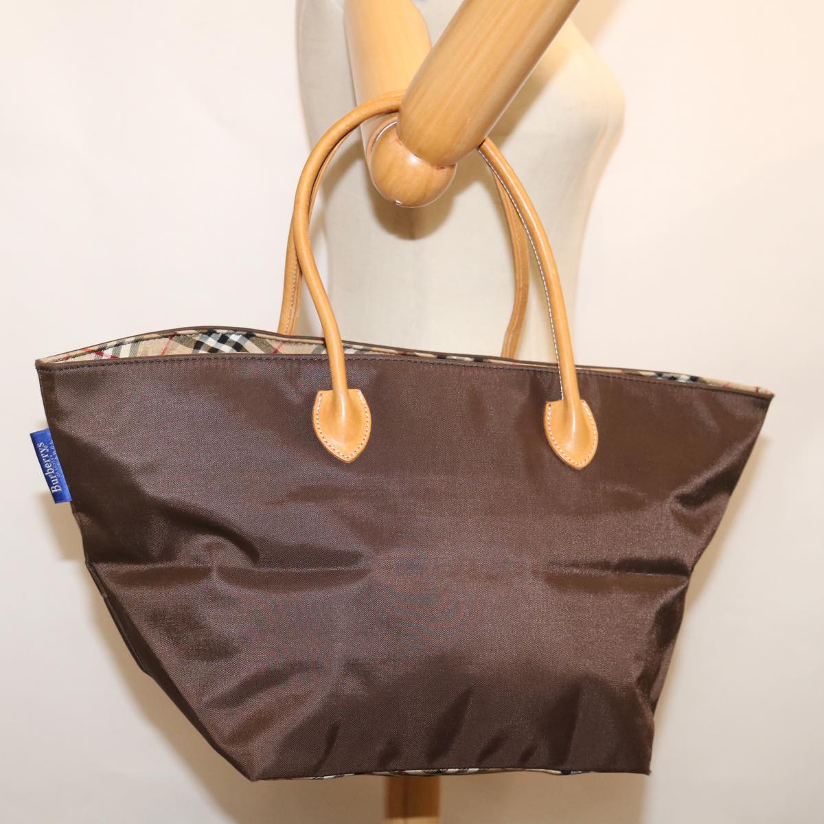 Burberrys Nova Check Blue Label Tote Bag Nylon Brown Auth bs12913