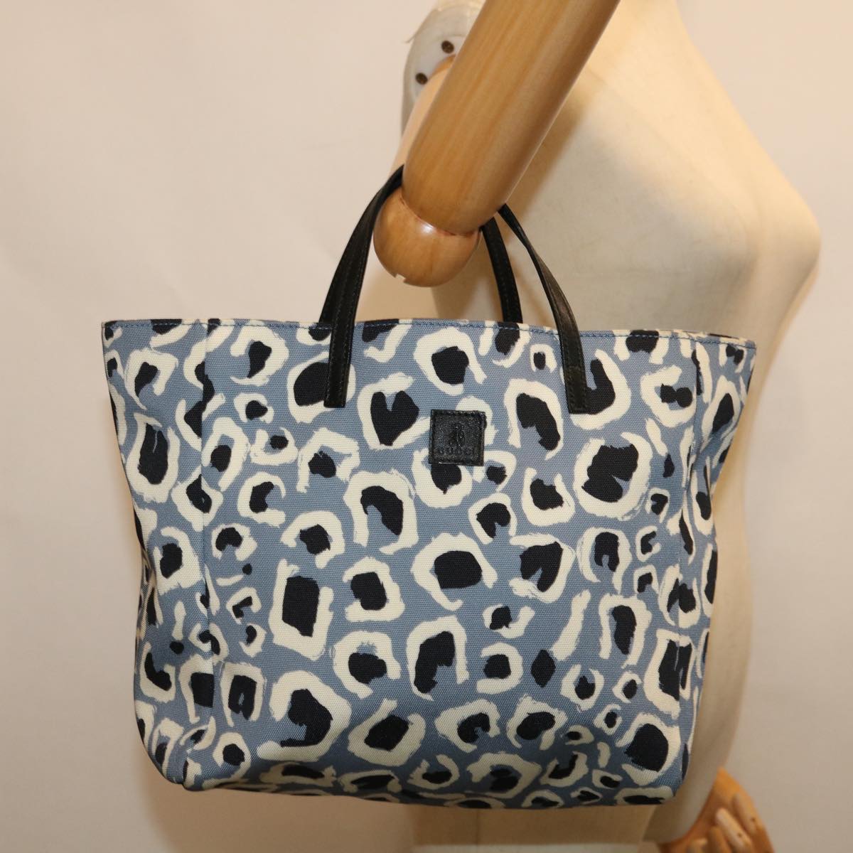 GUCCI Leopard Hand Bag Canvas Blue 284721 Auth bs12925