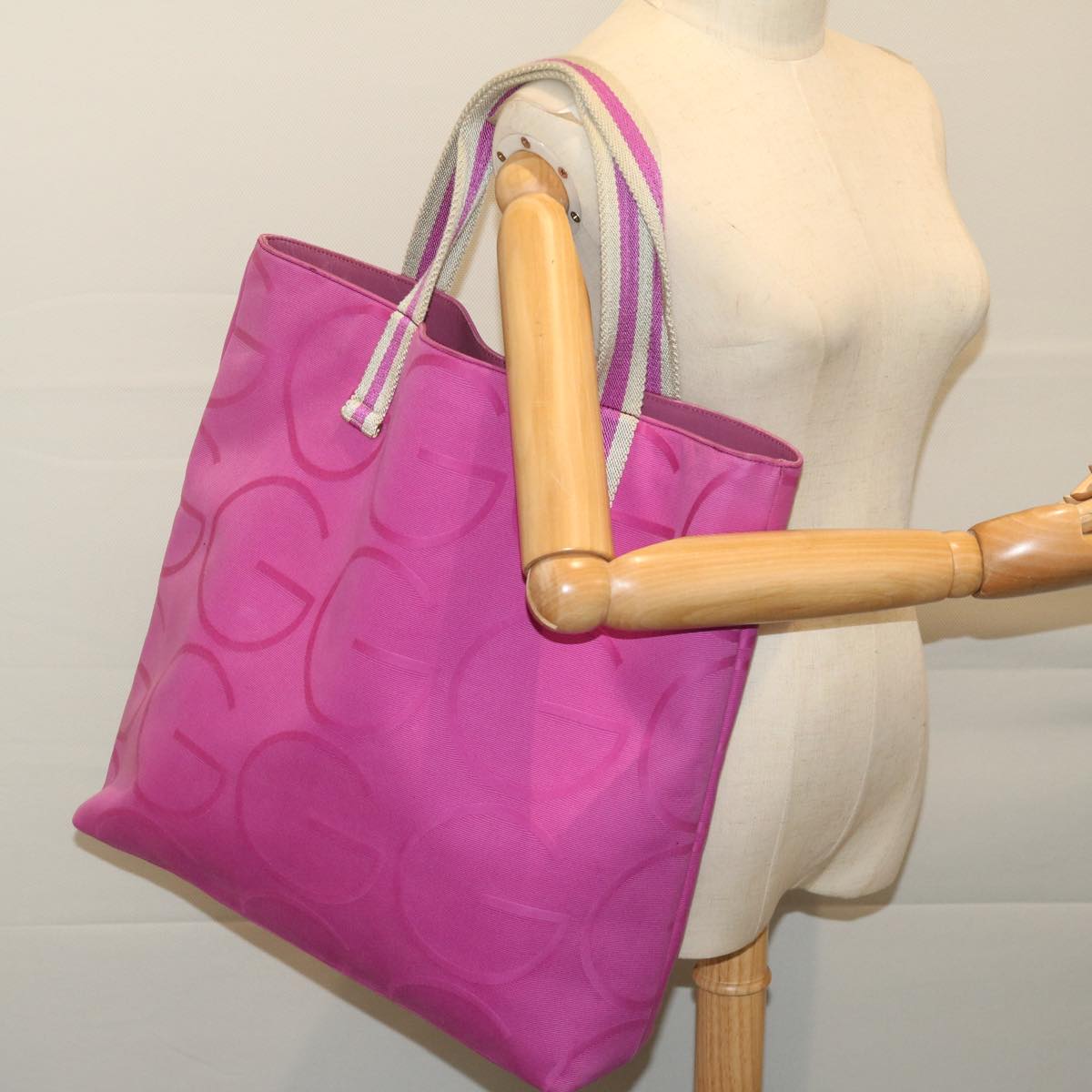 GUCCI Sherry Line Tote Bag Canvas White Purple 123439 Auth bs12951