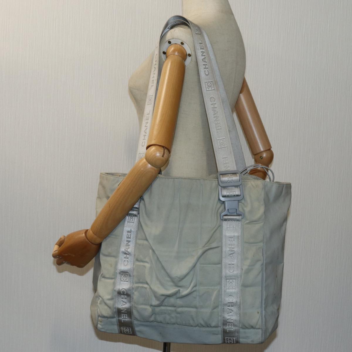 CHANEL Sports Line Tote Bag Canvas Gray CC Auth bs13030