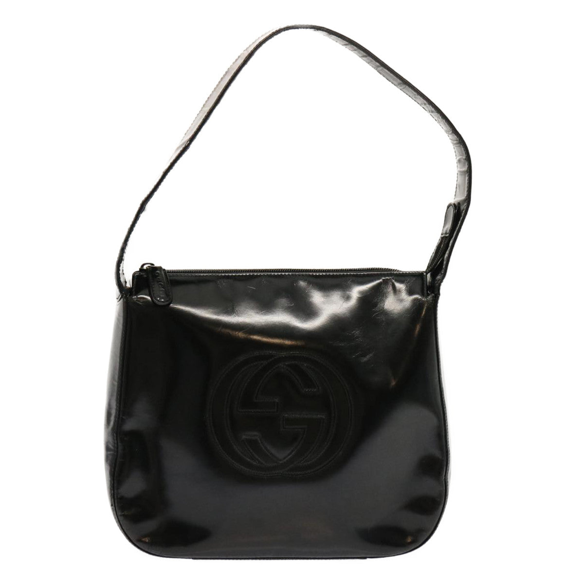 GUCCI Interlocking Shoulder Bag Patent leather Black Auth bs13216