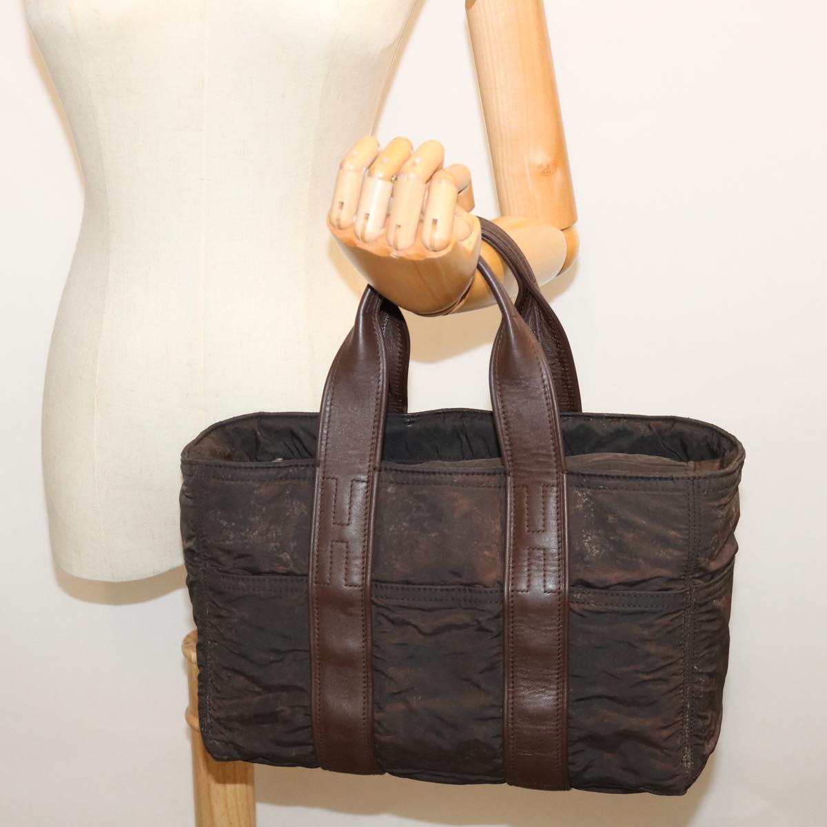 HERMES Acape Luco PM Hand Bag Nylon Brown Auth bs13398