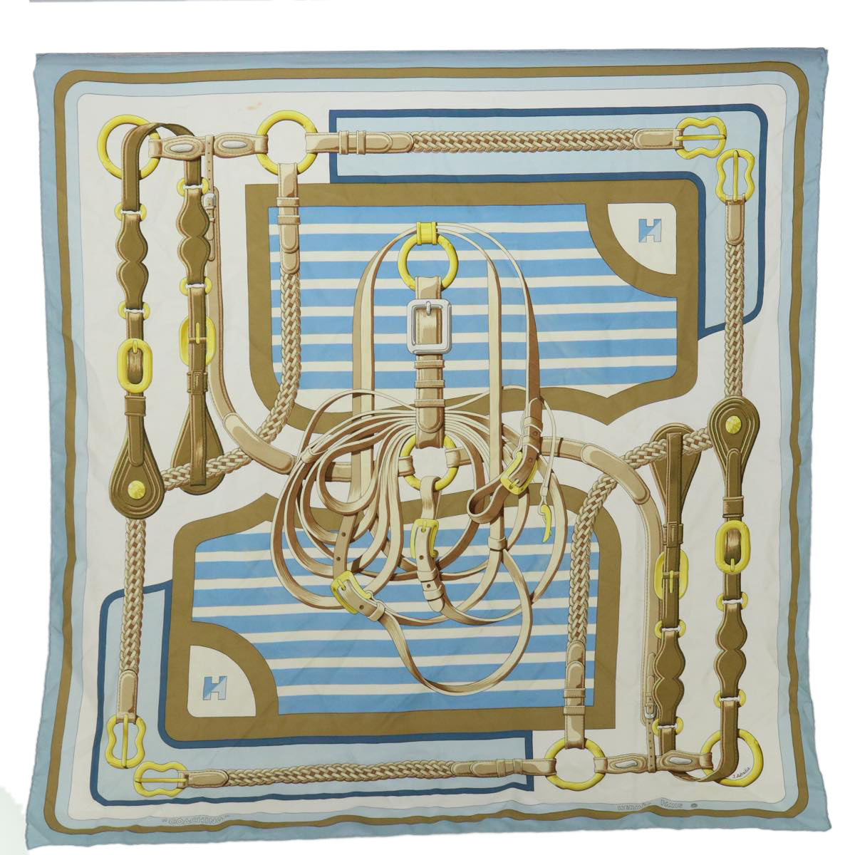 HERMES Carre 90 COACHING Scarf Silk Light Blue Auth bs13485