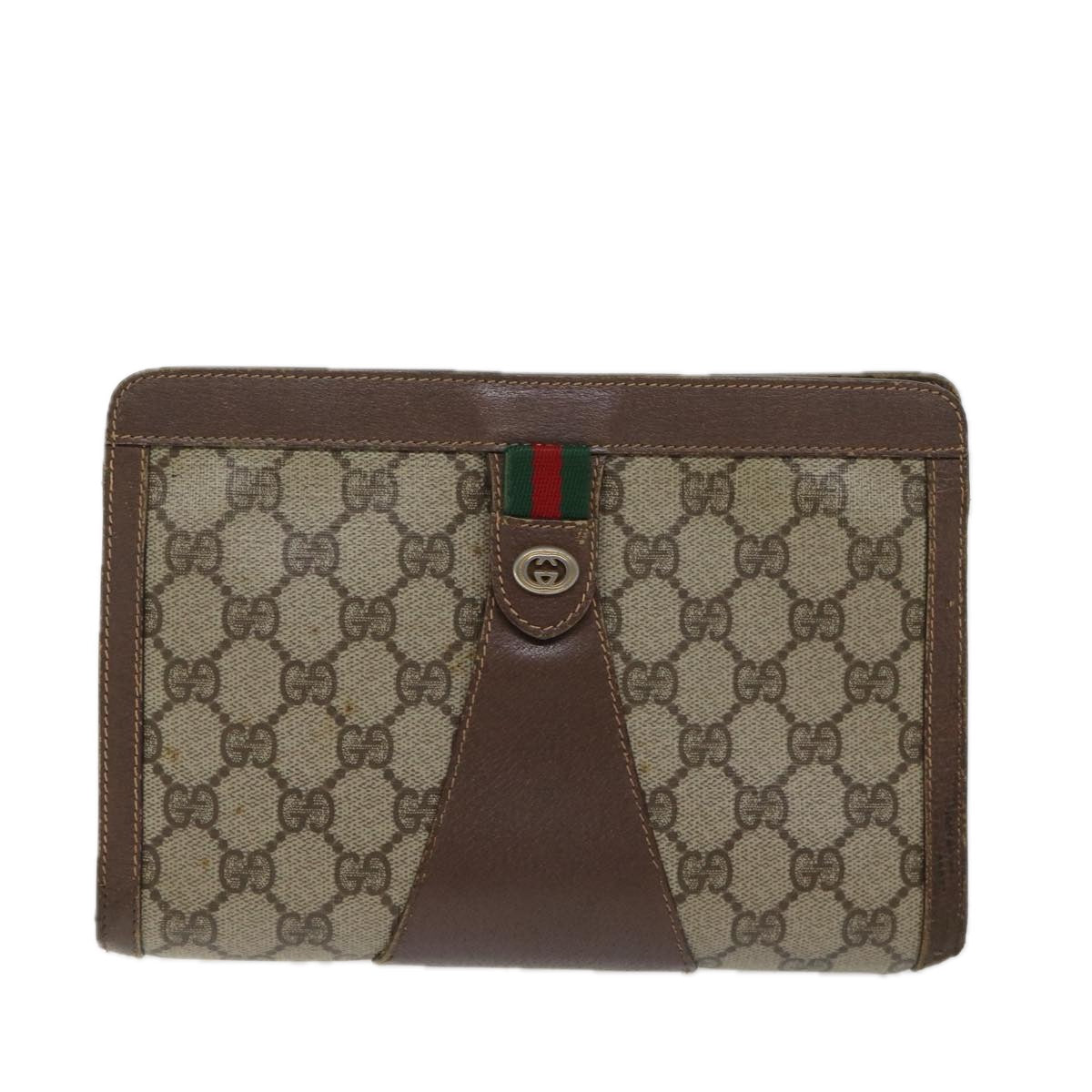 GUCCI GG Canvas Web Sherry Line Clutch Bag PVC Beige Green Red Auth bs13590