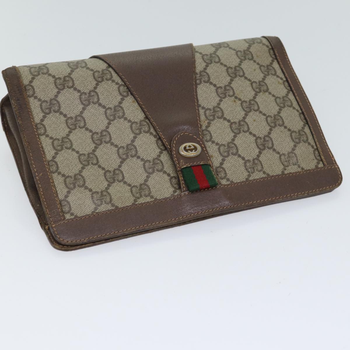 GUCCI GG Canvas Web Sherry Line Clutch Bag PVC Beige Green Red Auth bs13590