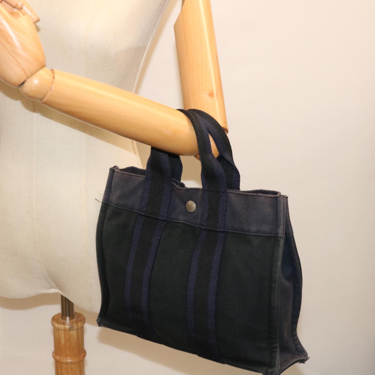 HERMES Fourre Tout PM Hand Bag Canvas Navy Black Auth bs13675