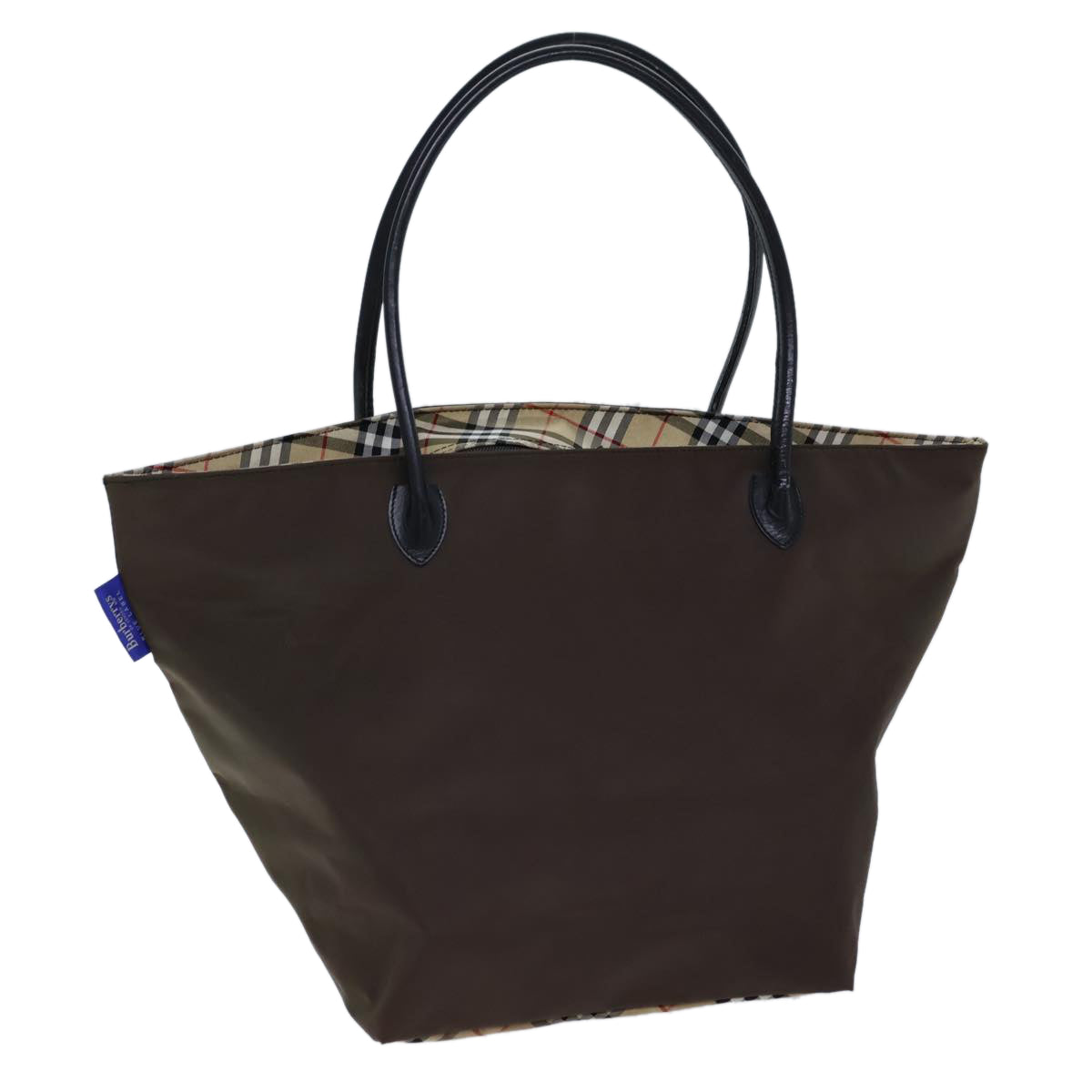 Burberrys Nova Check Blue Label Hand Bag Nylon Brown Black Auth bs13689