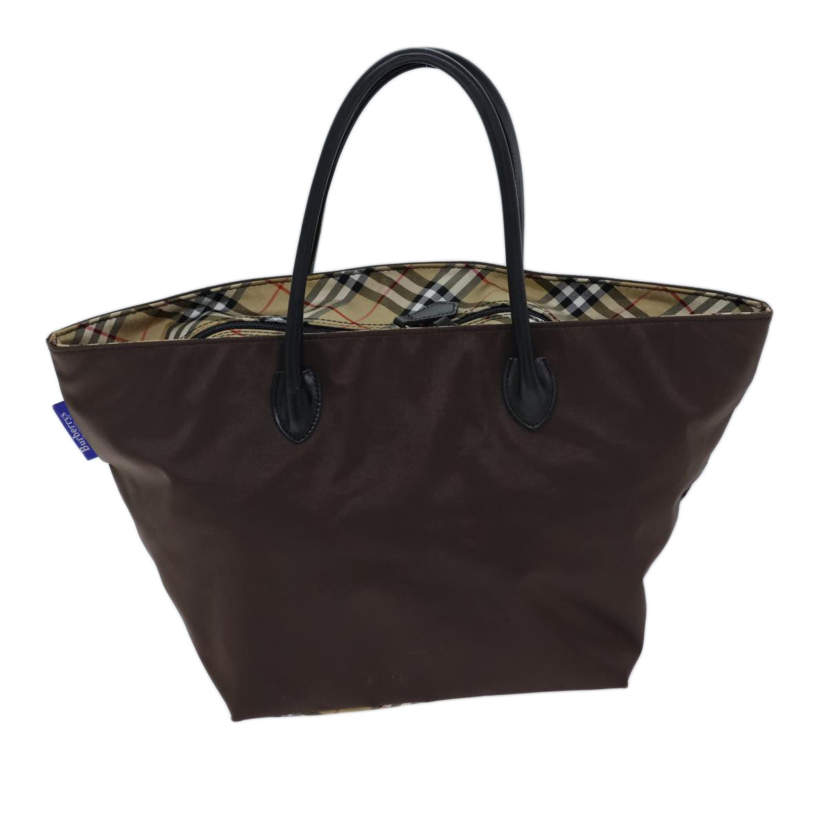 Burberrys Nova Check Blue Label Hand Bag Nylon Brown Black Auth bs13693