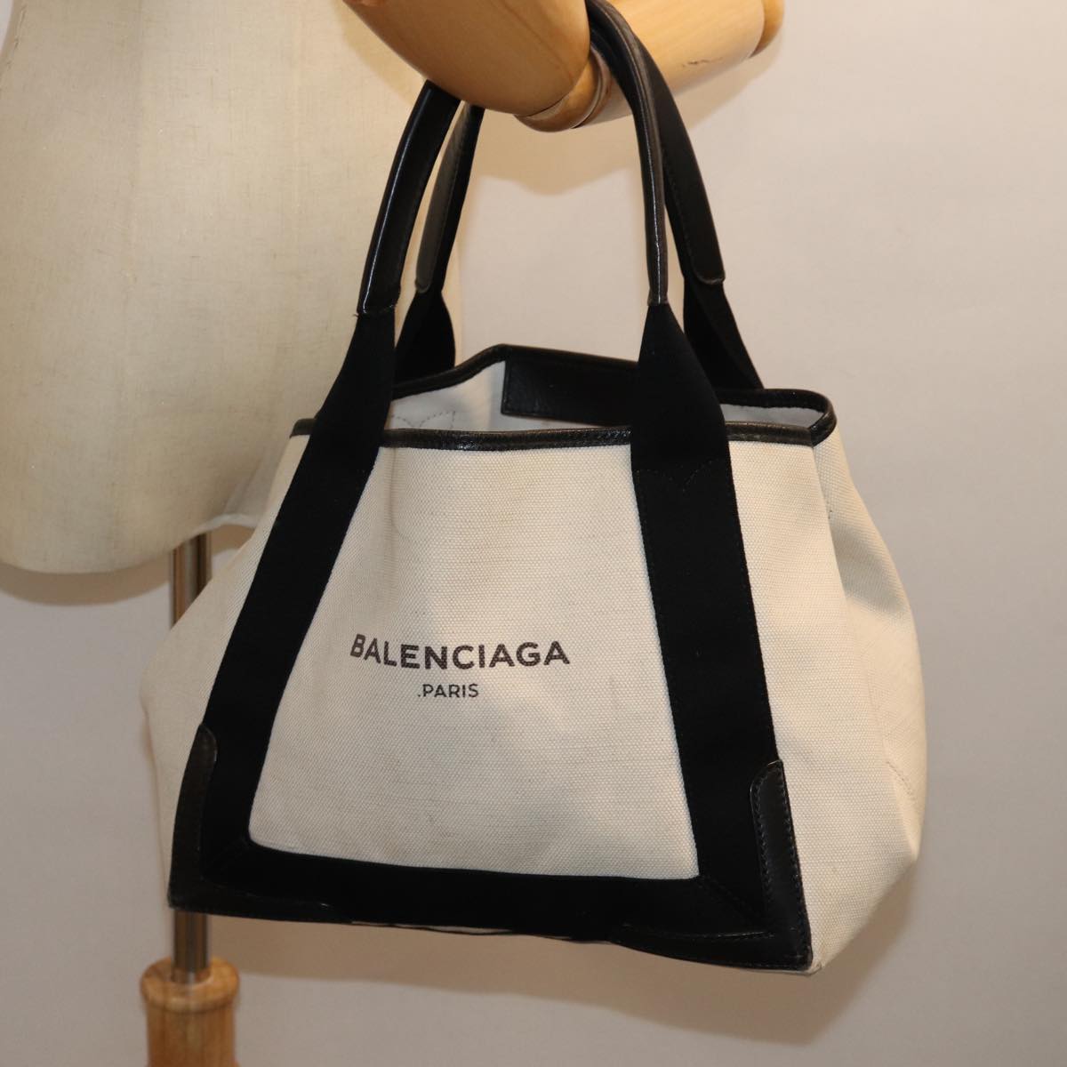 BALENCIAGA Cabas S Hand Bag Canvas White Black Auth bs13699