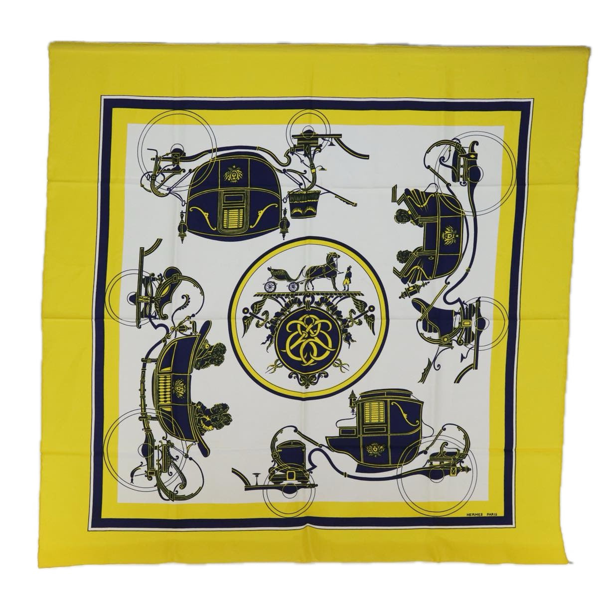 HERMES Carre 90 Horse Carriage Pattern Scarf Silk Yellow Auth bs13784