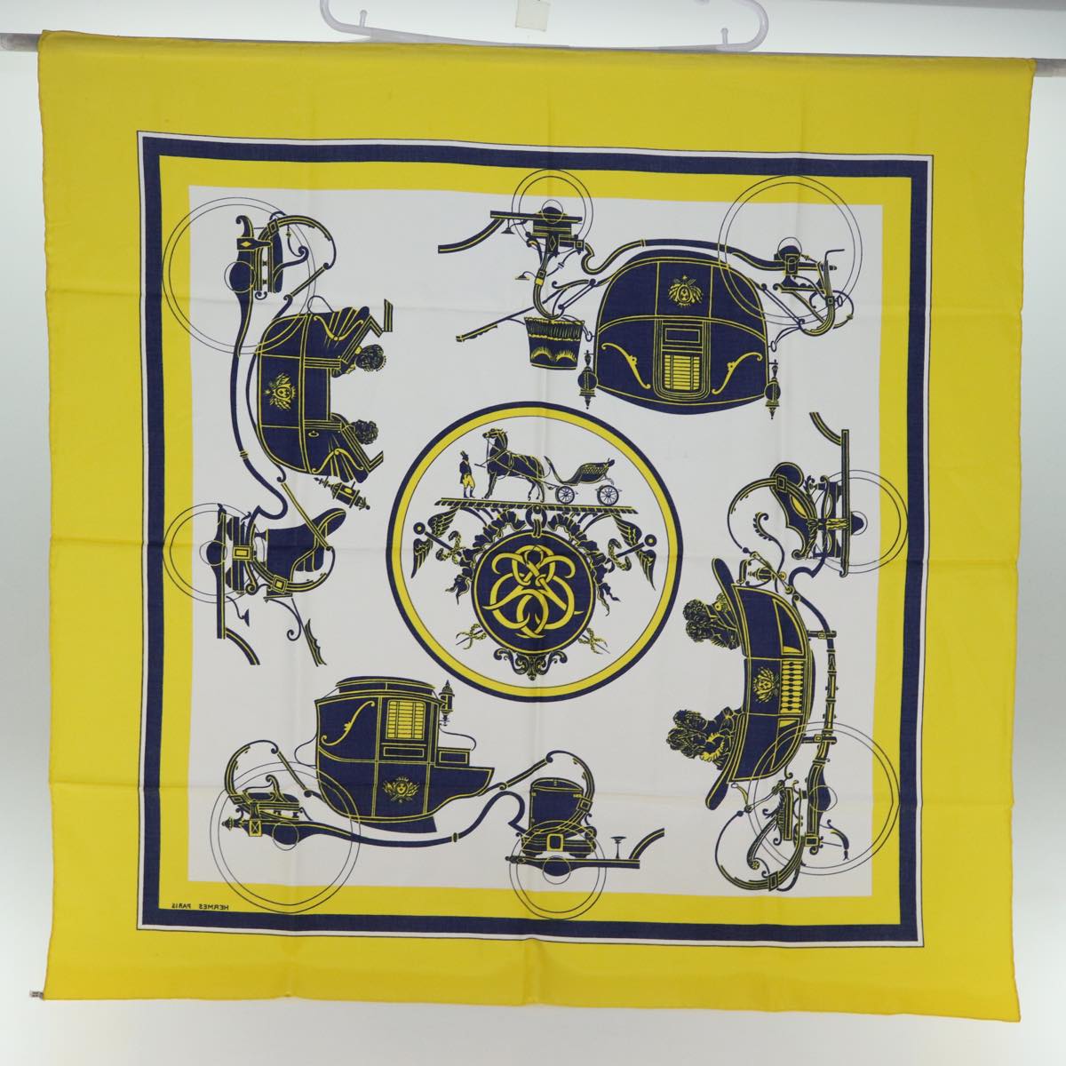 HERMES Carre 90 Horse Carriage Pattern Scarf Silk Yellow Auth bs13784