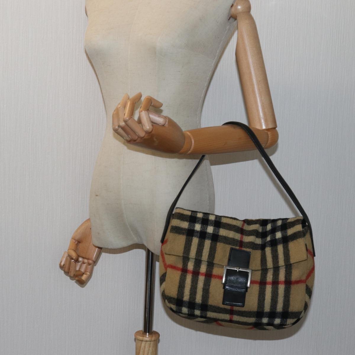 Burberrys Nova Check Blue Label Shoulder Bag Wool Beige Auth bs13815