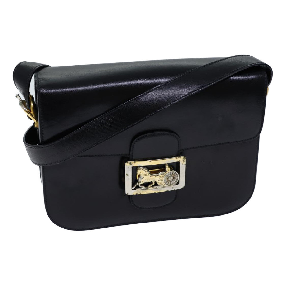 CELINE Horse Carriage Shoulder Bag Leather Black Auth bs13870