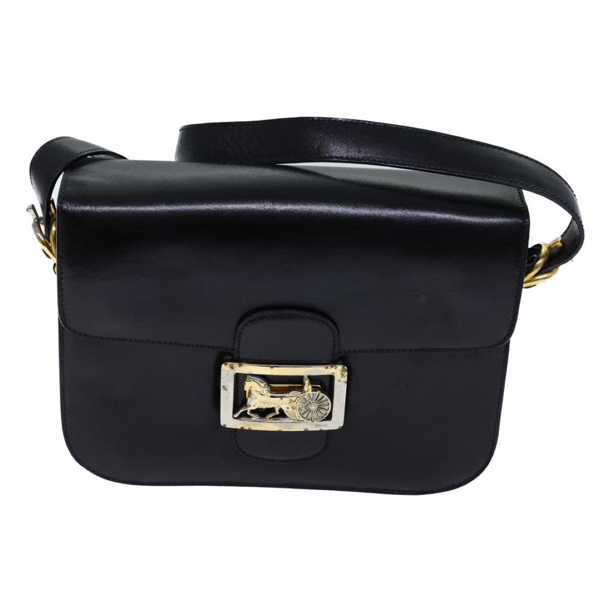 CELINE Horse Carriage Shoulder Bag Leather Black Auth bs13870