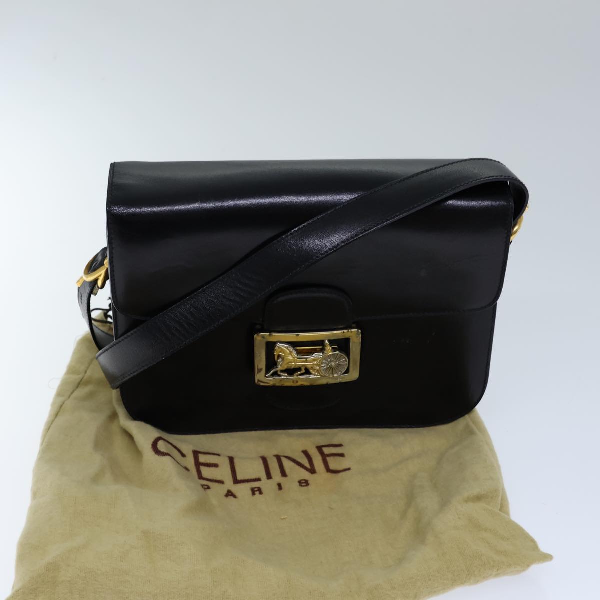 CELINE Horse Carriage Shoulder Bag Leather Black Auth bs13870