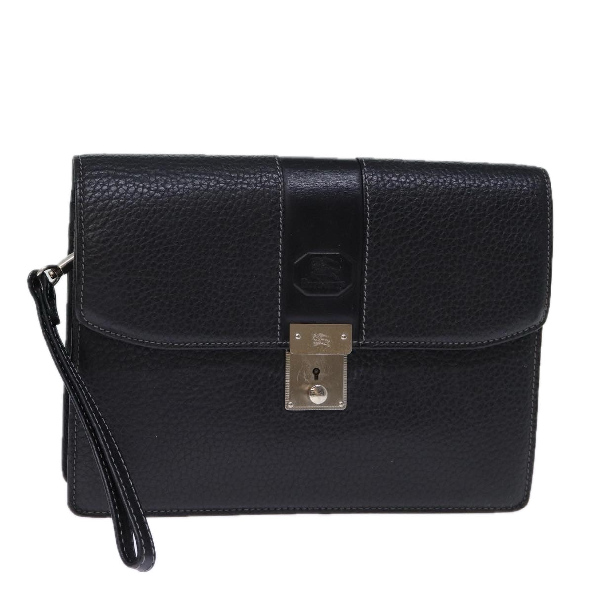 Burberrys Clutch Bag Leather Black Auth bs13915