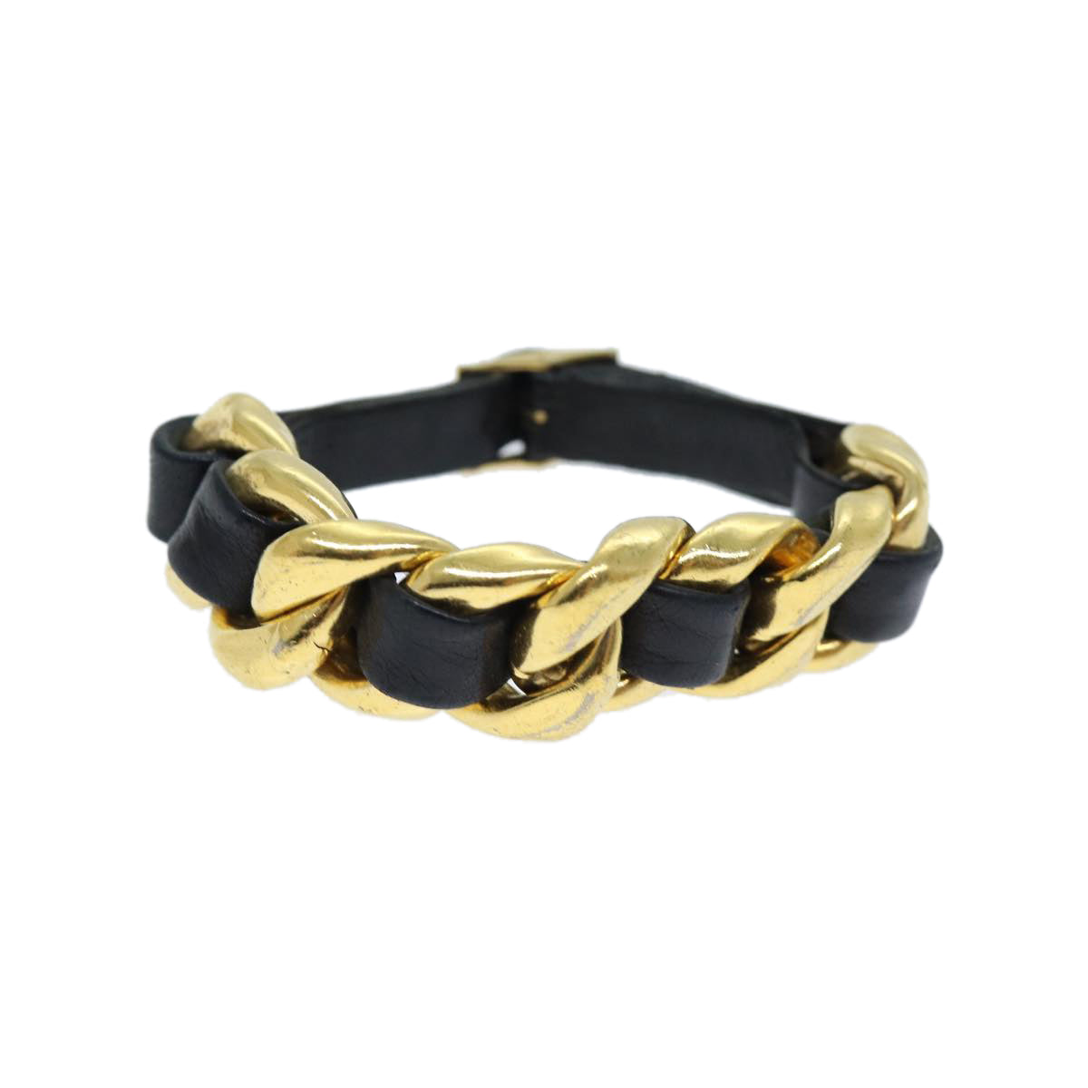 CHANEL Bracelet Metal Leather Gold Black CC Auth bs13971