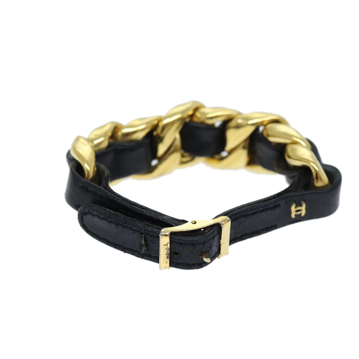 CHANEL Bracelet Metal Leather Gold Black CC Auth bs13971