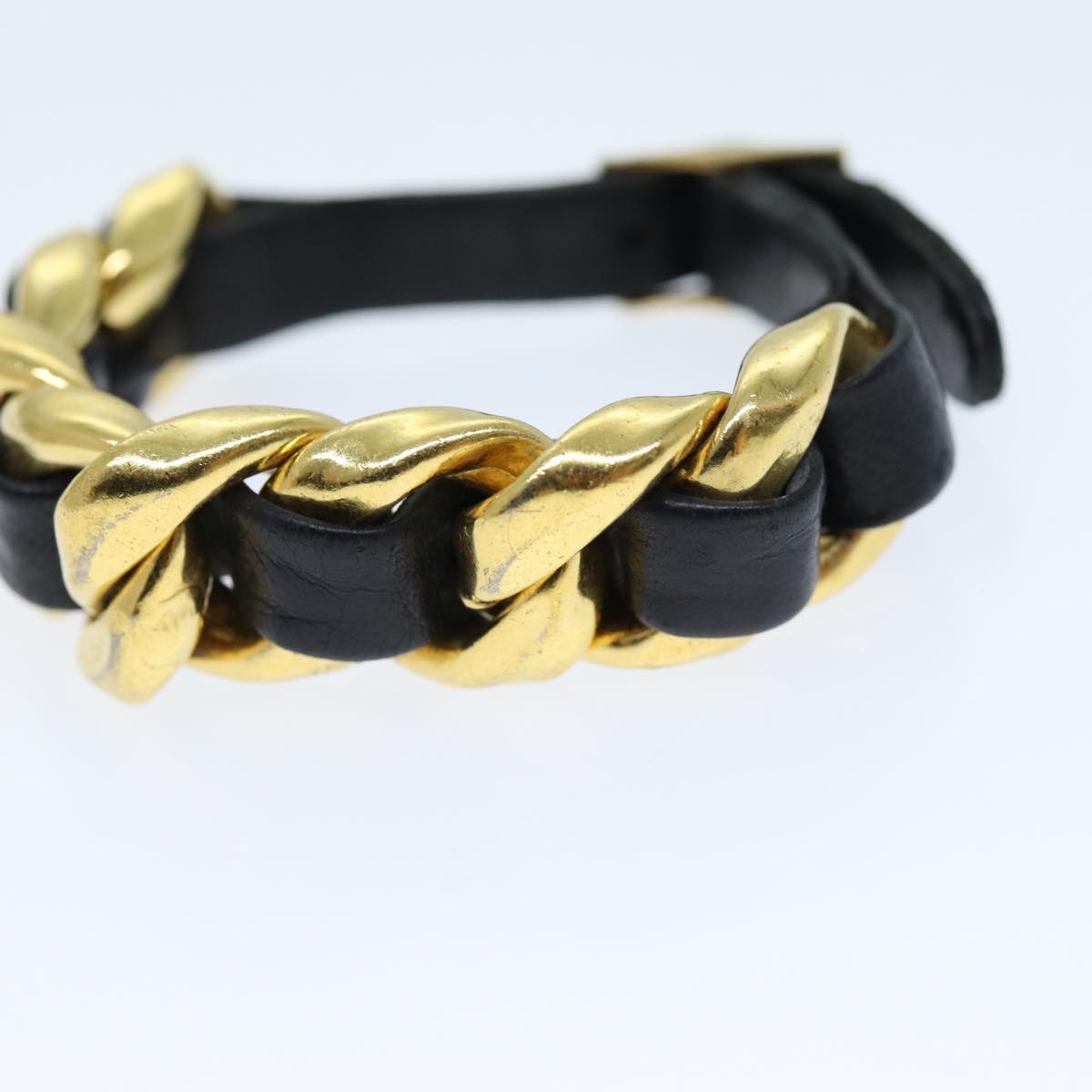 CHANEL Bracelet Metal Leather Gold Black CC Auth bs13971