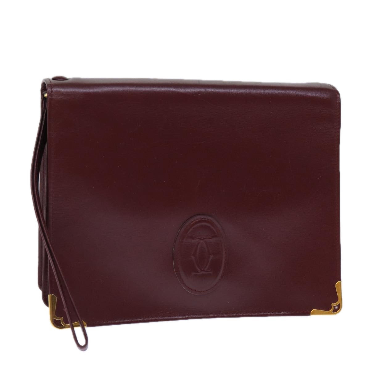 CARTIER Clutch Bag Leather Wine Red Auth bs13974