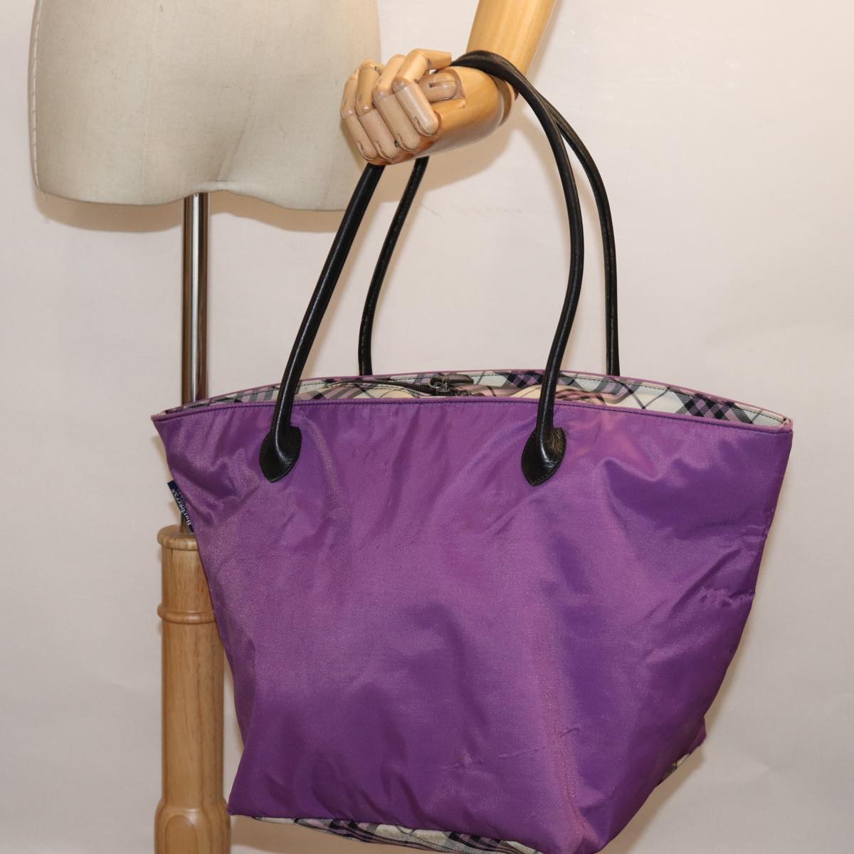 Burberrys Nova Check Blue Label Tote Bag Nylon Purple Auth bs14287