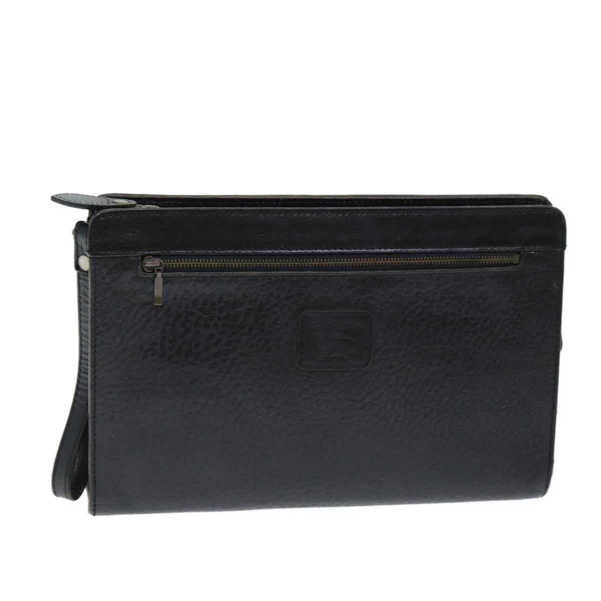 Burberrys Clutch Bag Leather Black Auth bs14433