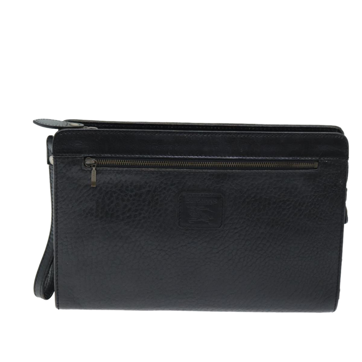 Burberrys Clutch Bag Leather Black Auth bs14433