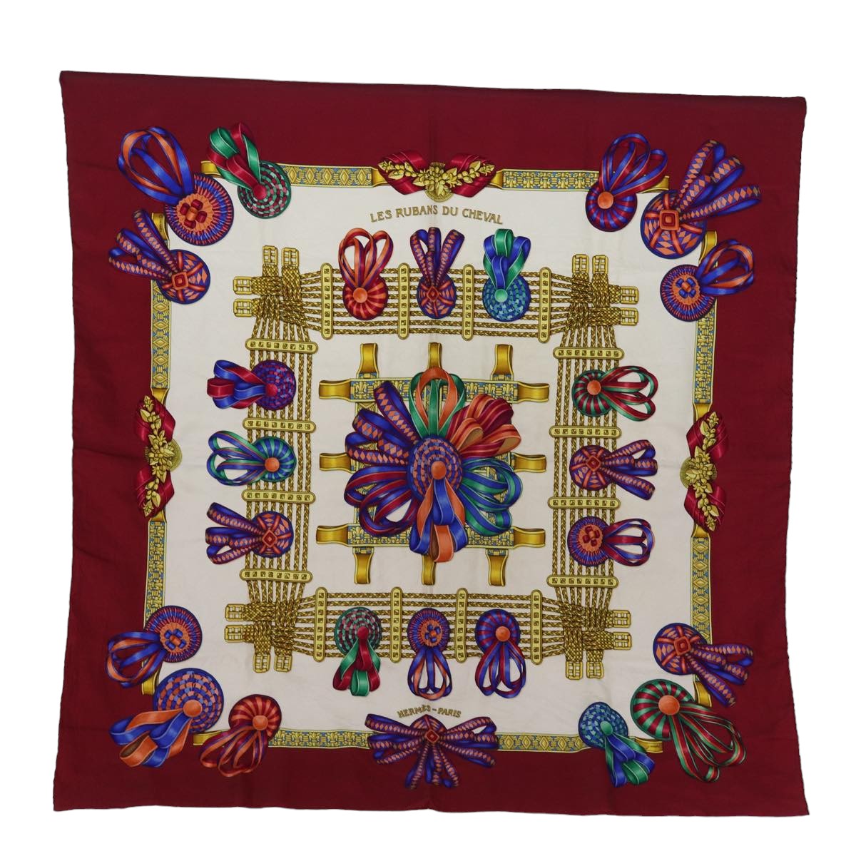 HERMES Carre 90 Scarf ""LES RUBANS DU CHEVAL"" Silk Red Auth bs14454