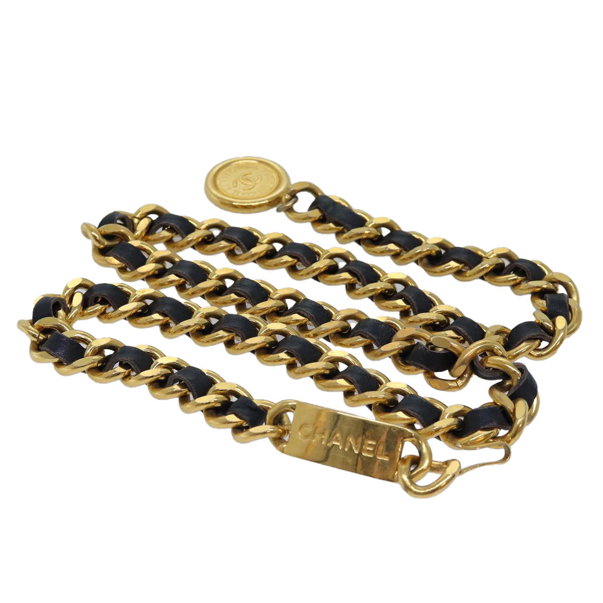 CHANEL Chain Pearl Belt metal 35.8"" Gold Black CC Auth bs14489