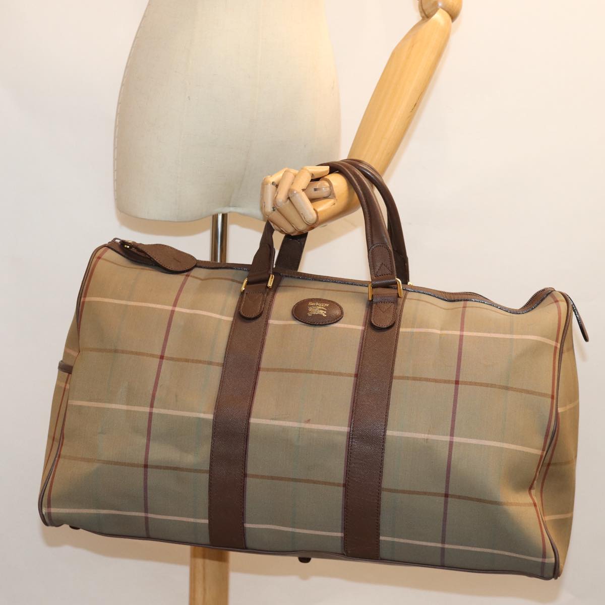 Burberrys Nova Check Boston Bag Canvas Beige Auth bs14513