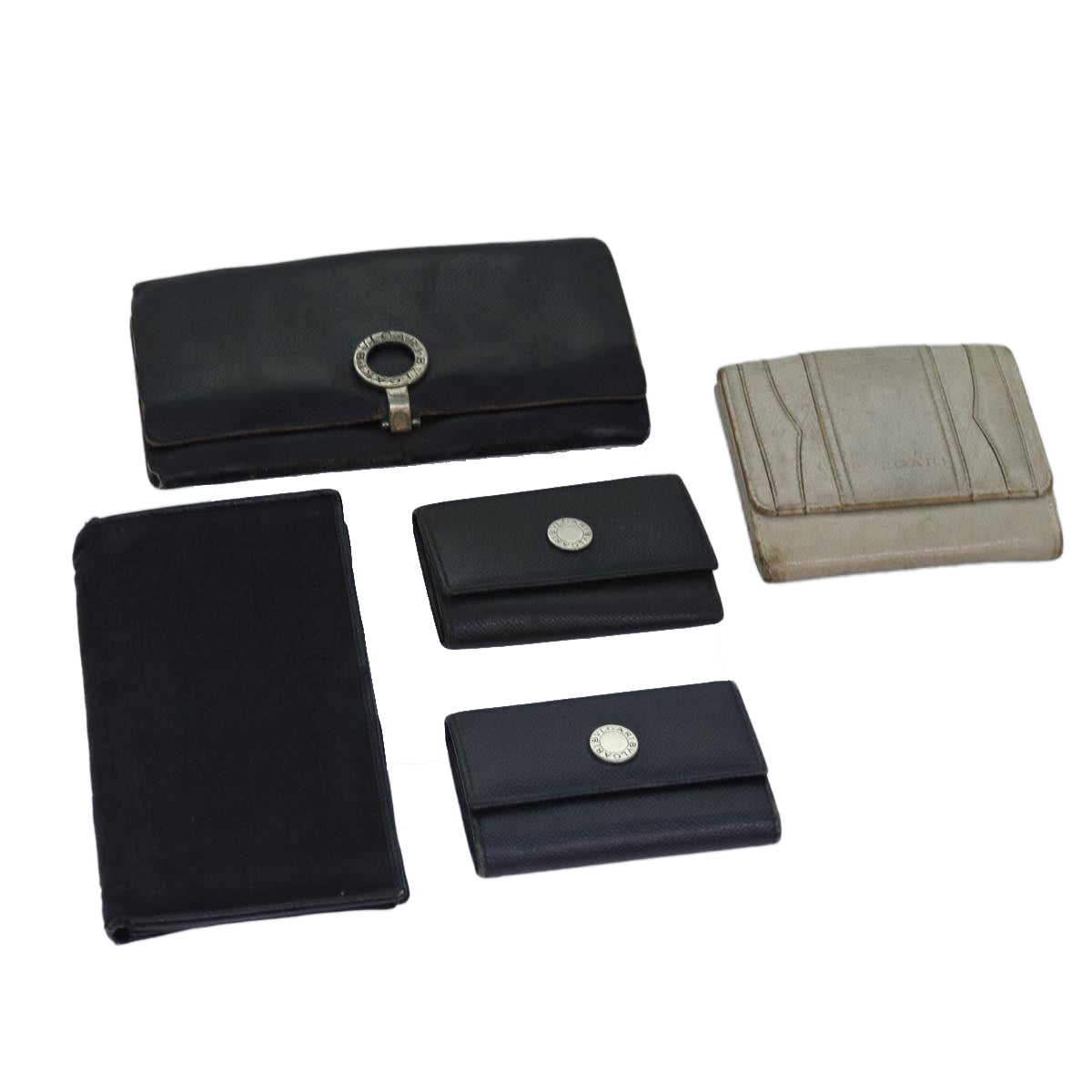 BVLGARI Key Case Wallet Canvas Leather 5Set Black Gray Auth bs14578