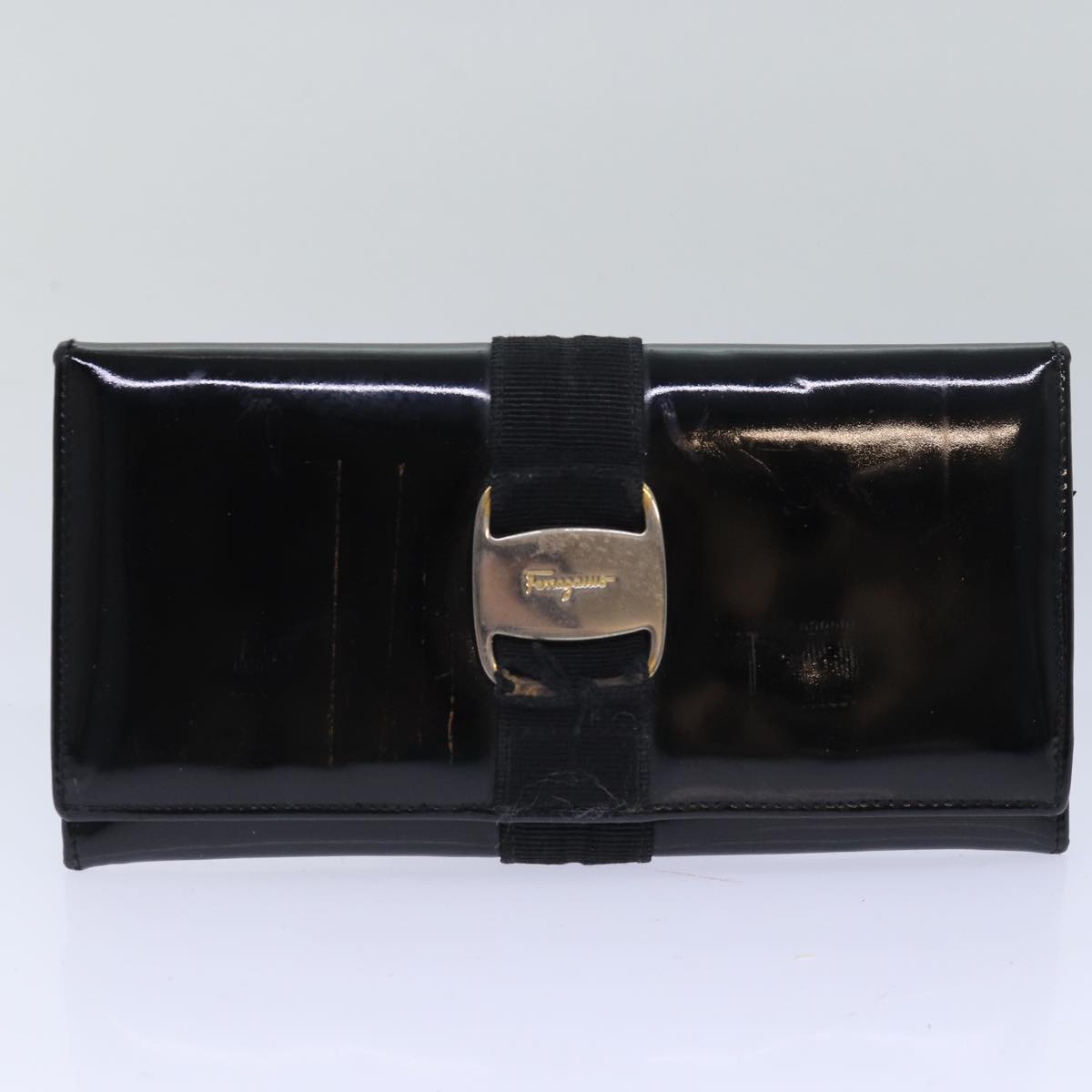 Salvatore Ferragamo Wallet Enamel Leather 5Set Beige Black Auth bs14583