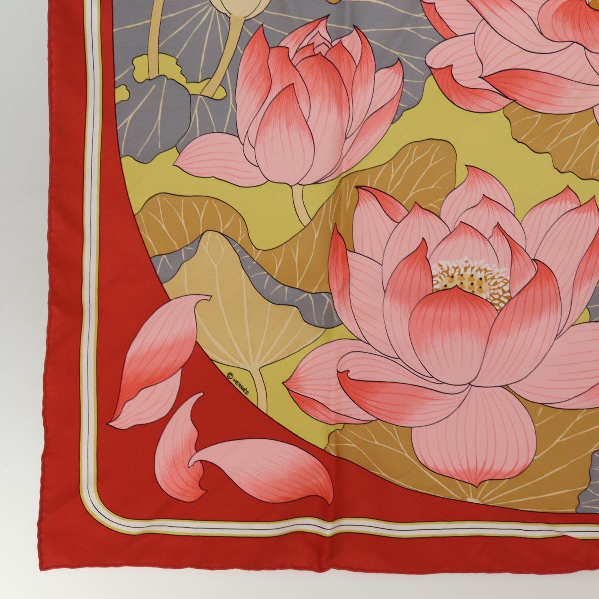 HERMES Carre 90 Scarf ”FLEURS DE LOTUS” Silk Red Auth bs14588