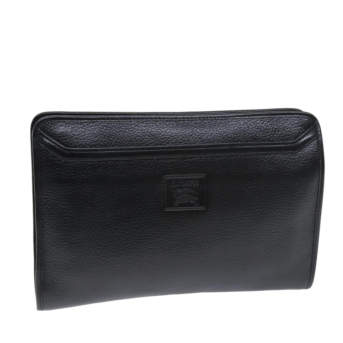 Burberrys Clutch Bag Leather Black Auth bs14646