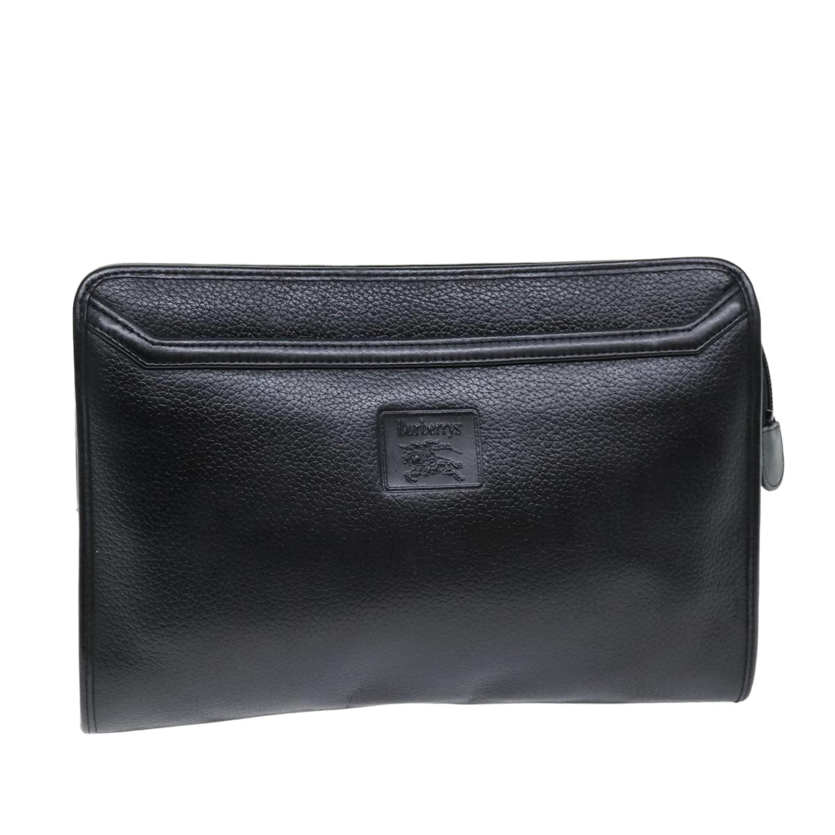 Burberrys Clutch Bag Leather Black Auth bs14647