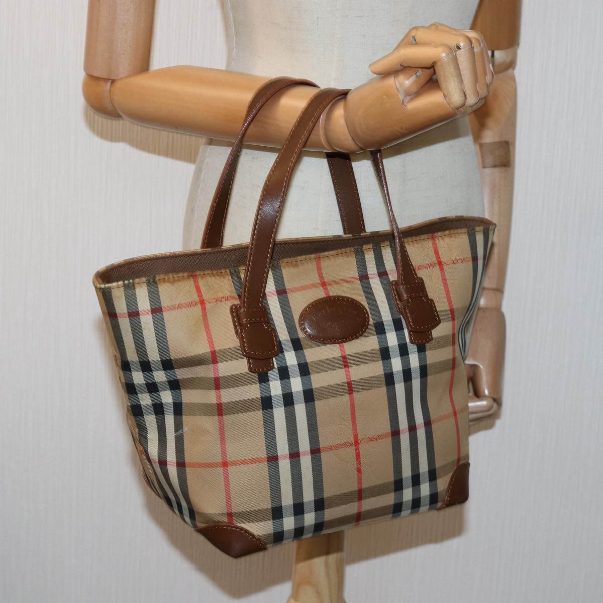 Burberrys Nova Check Hand Bag Canvas Beige Auth bs14688