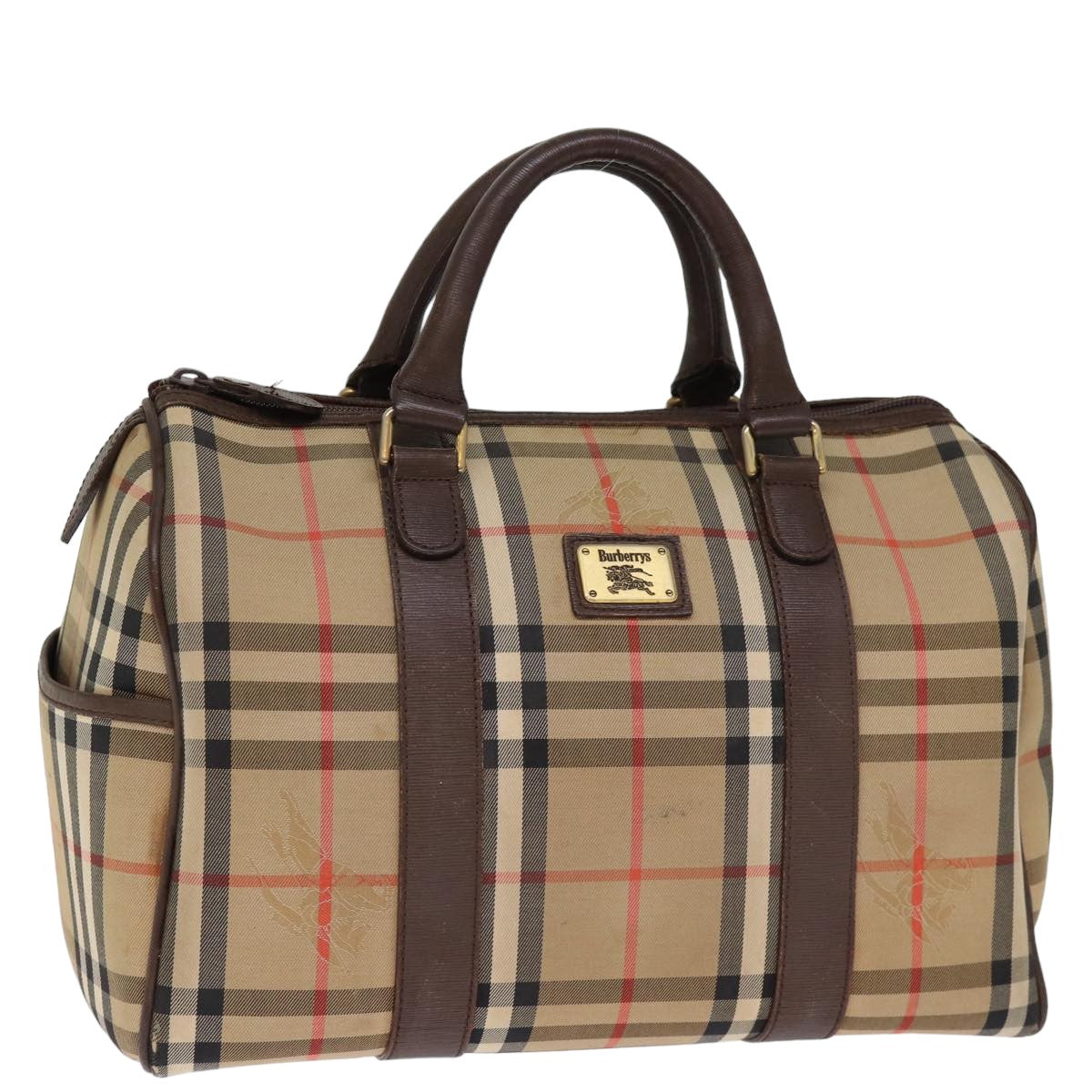 Burberrys Nova Check Boston Bag Canvas Beige Auth bs14694