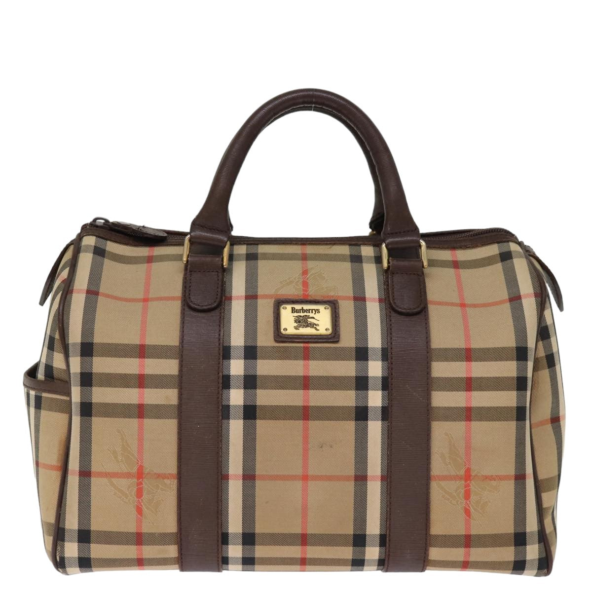 Burberrys Nova Check Boston Bag Canvas Beige Auth bs14694