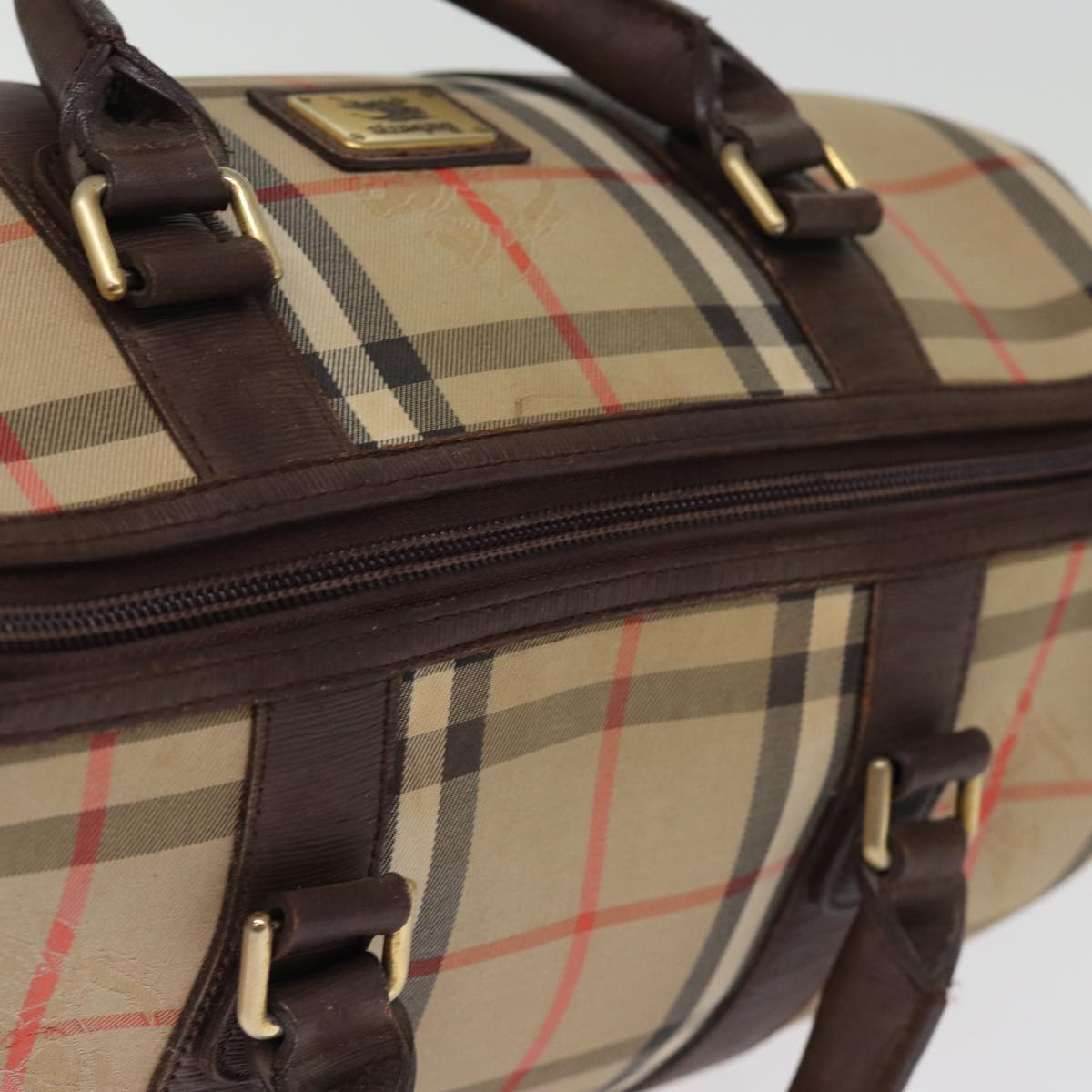 Burberrys Nova Check Boston Bag Canvas Beige Auth bs14694