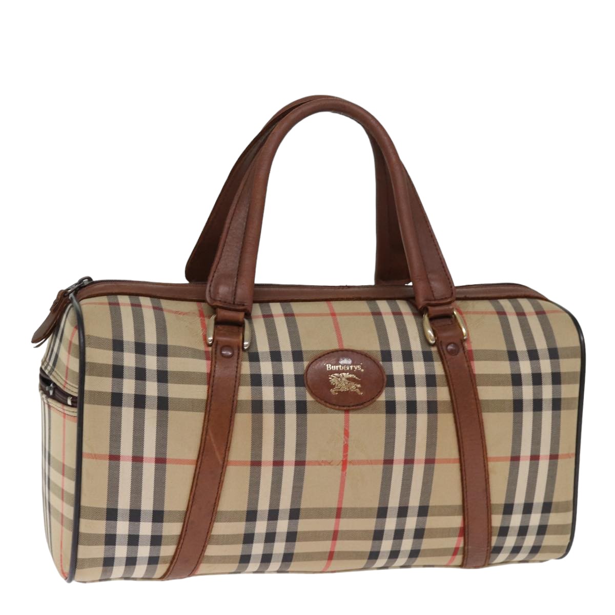 Burberrys Nova Check Boston Bag Canvas Beige Auth bs14737