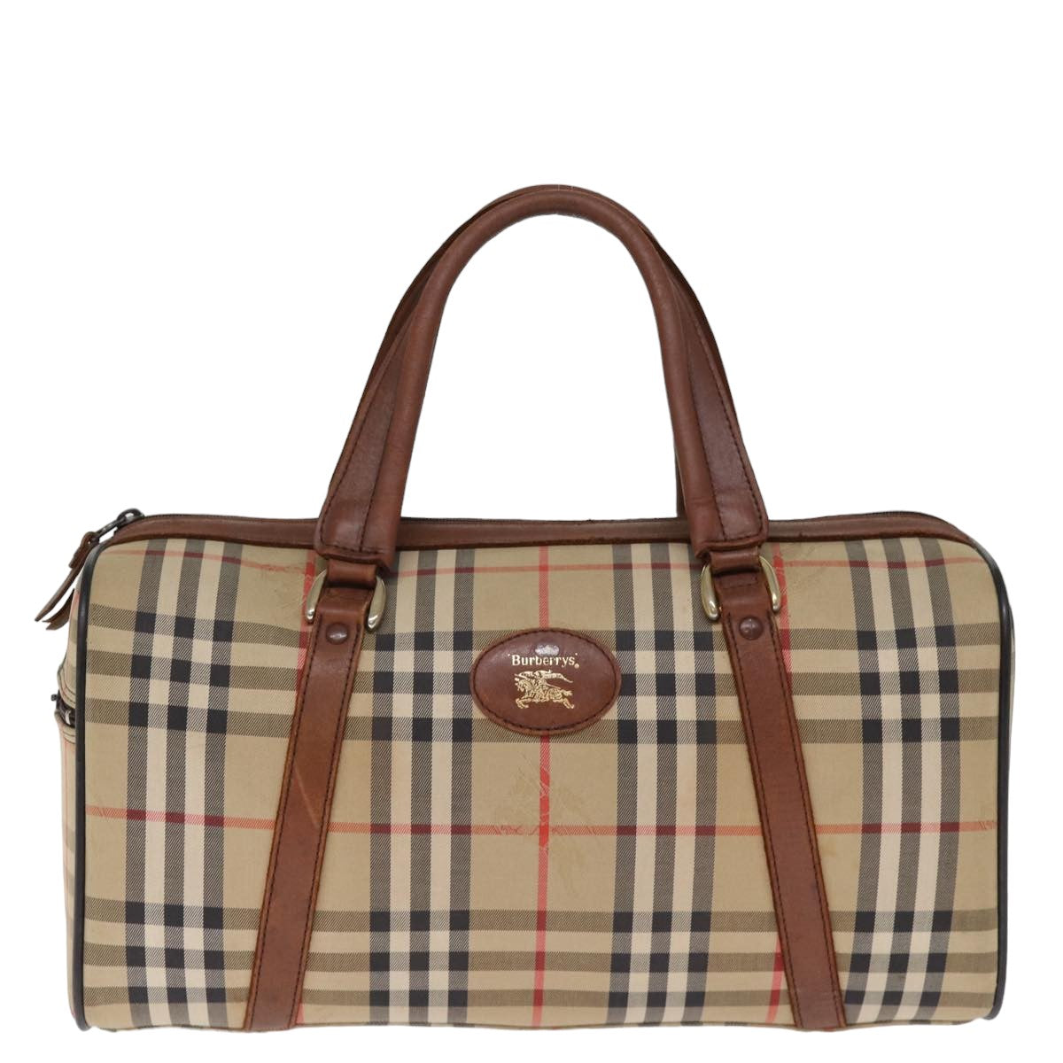 Burberrys Nova Check Boston Bag Canvas Beige Auth bs14737