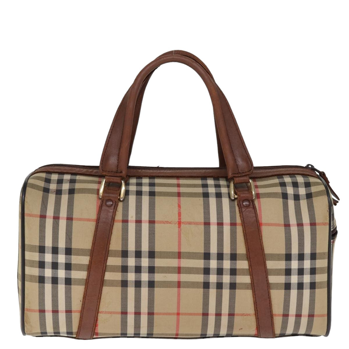 Burberrys Nova Check Boston Bag Canvas Beige Auth bs14737