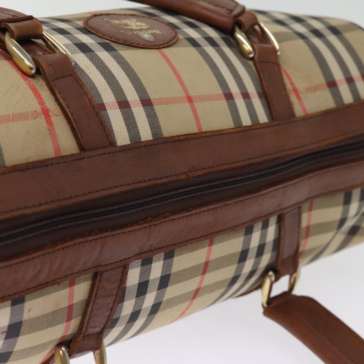 Burberrys Nova Check Boston Bag Canvas Beige Auth bs14737