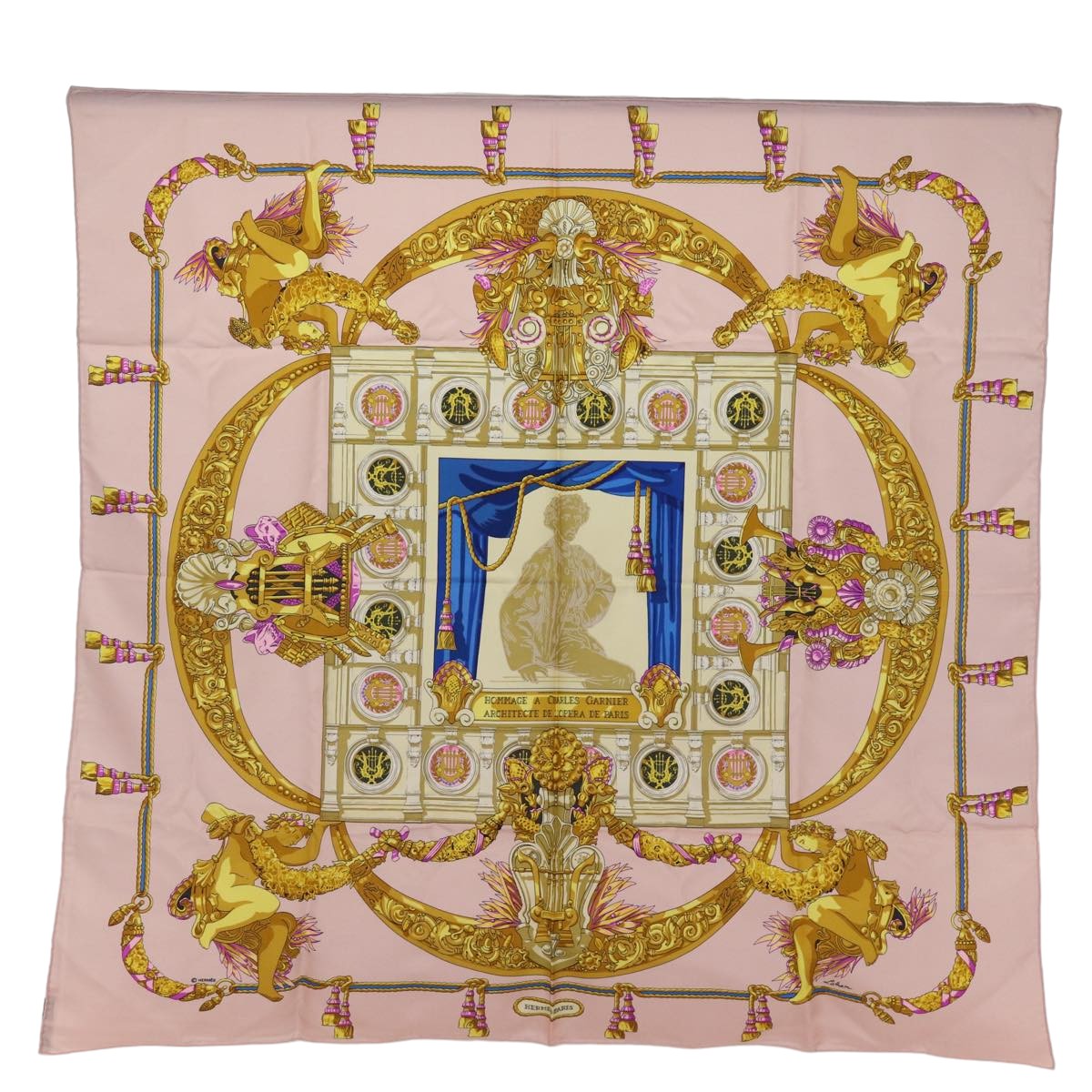 HERMES Carre 90 Scarf ""HOMMAGE A CHARLES GARNIER"" Silk Pink Auth bs14777