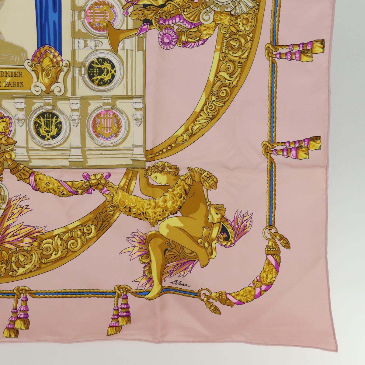 HERMES Carre 90 Scarf ""HOMMAGE A CHARLES GARNIER"" Silk Pink Auth bs14777