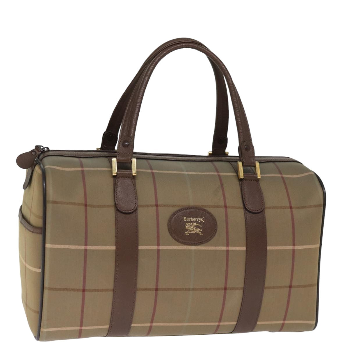 Burberrys Nova Check Boston Bag Canvas Khaki Auth bs14854