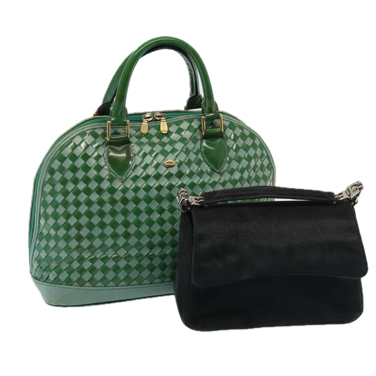 BALLY Hand Bag Suede Leather 2Set Green Black Auth bs14876