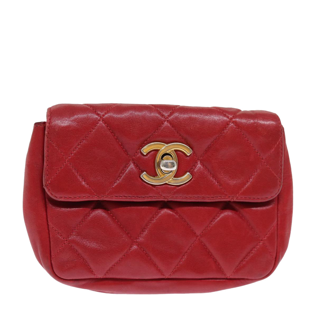 CHANEL Matelasse Waist bag Lamb Skin Red CC Auth bs15006